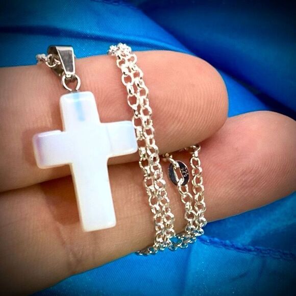 ASJ Sterling 925 Silver Necklace w/ Opalite Cross Pendant. - Picture 1 of 10